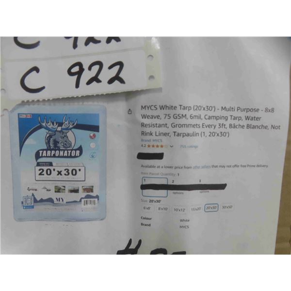MYCS White Tarp (20'x30') - Multi Purpose - 8x8 Weave, 75 GSM,