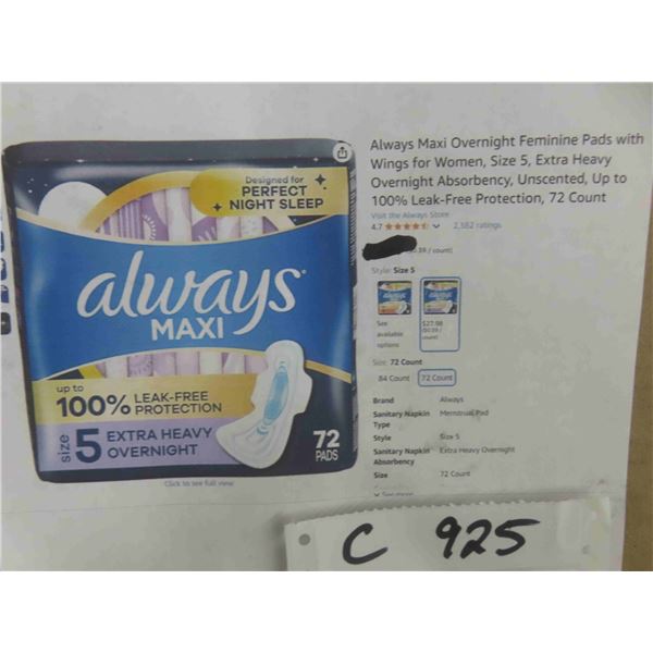Always Maxi Overnight Feminine Pads with Wings for Women, Size