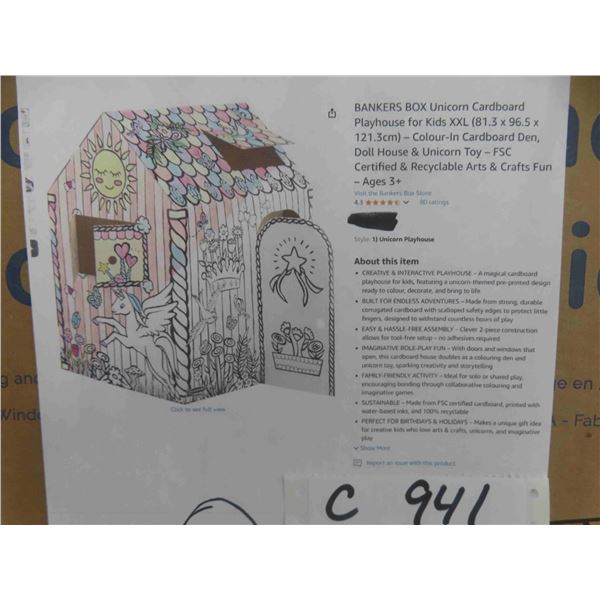 BANKERS BOX Unicorn Cardboard Playhouse for Kids XXL