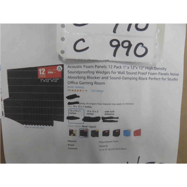 Acoustic Foam Panels 12 Pack 1" x 12"x 12" High 