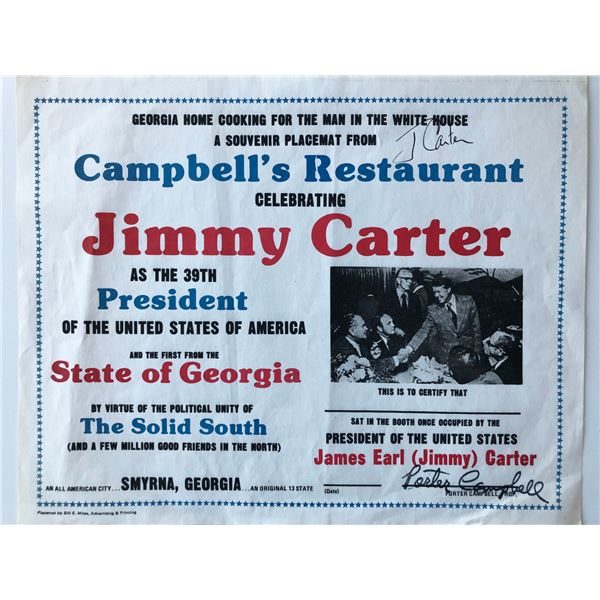 Jimmy Carter signed souvenir placemat