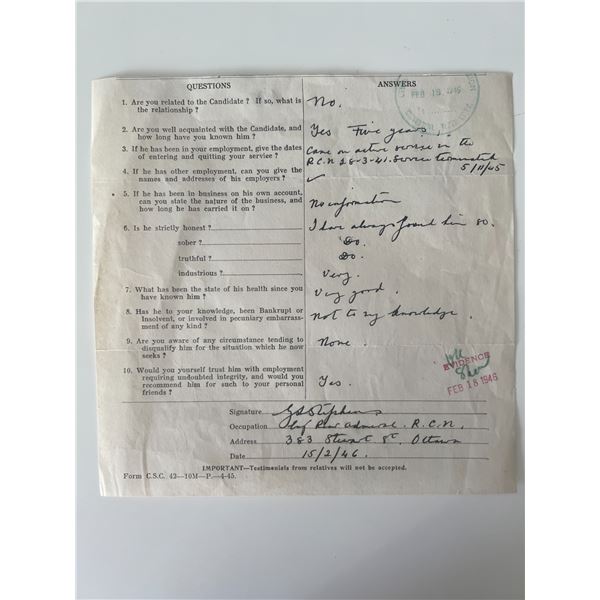 Admiral George Stephens  signed Q&A form