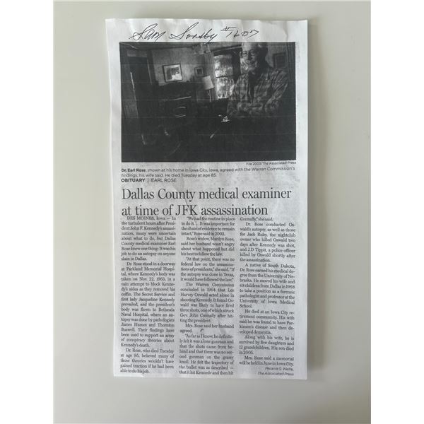 JFK Assassination Sam Sonsby signed newspaper print