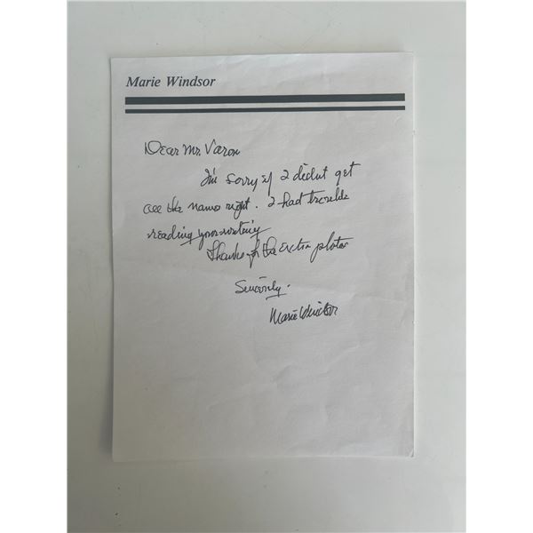 Actress Marie Windsor handwritten signed note