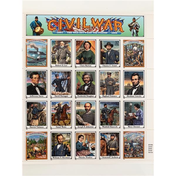 1995 32c Civil War, Abraham Lincoln, Souvenir Sheet of 20 Scott 2975