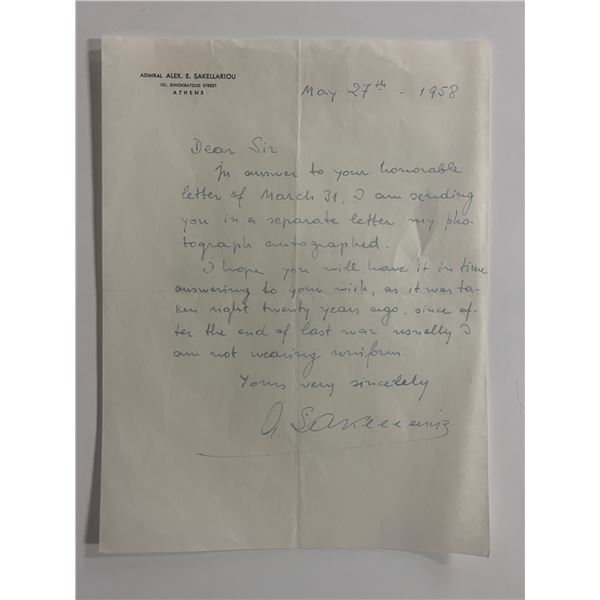 Greek Navy Admiral Alex E. Sakellariou signed 1958 letter