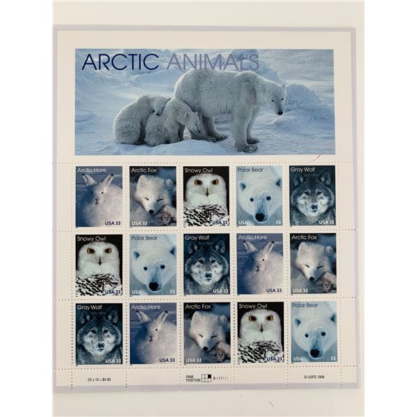 Arctic Animals: Arctic Hare, Arctic Fox, Snowy Owl, Polar Bear, and Gray Wolf, Full Sheet of 15 x 33