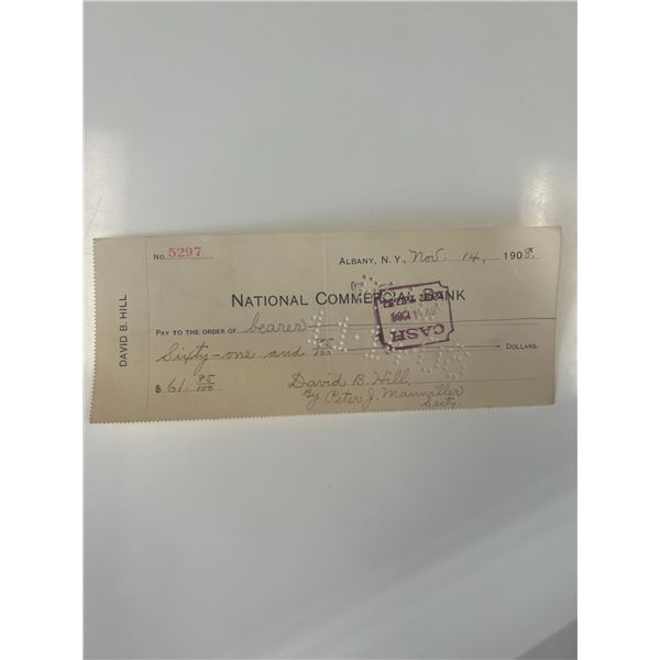 Former Governor of New York David B. Hill 1908 signed check