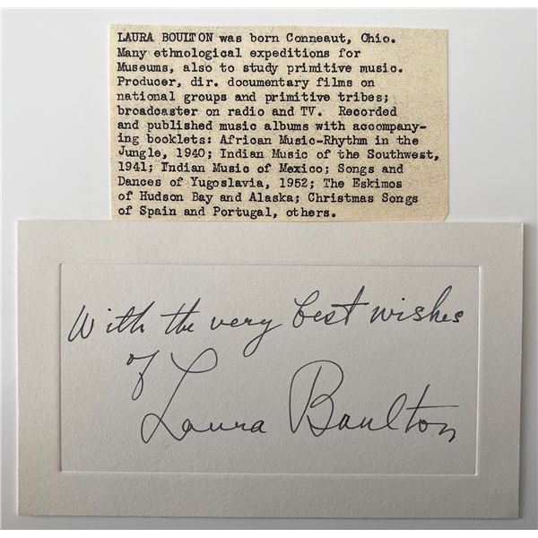 Ethnomusicologist Laura Boulton signed note and bio