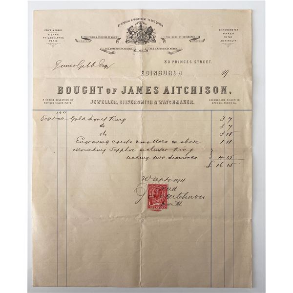 Jeweler James Aitchison signed invoice