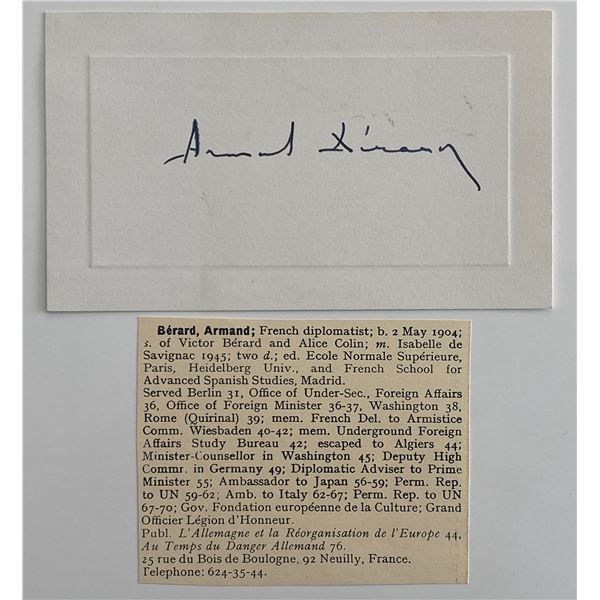 French diplomat Armand Bérard original signature and bio