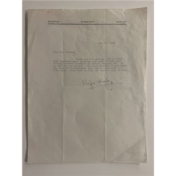 Crime Novelist Rufus King signed letter