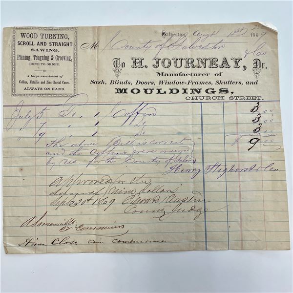 1869 H. Journeay Galveston signed goods receipt