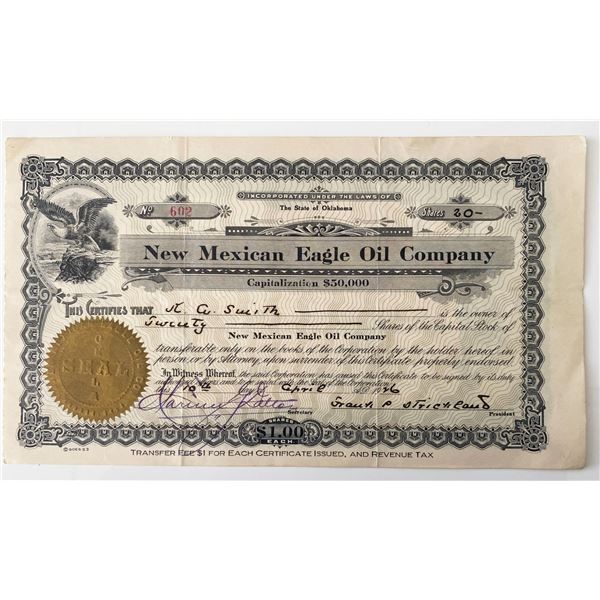 1926 New Mexican Eagle Oil Company Signed Stock Share Certificate