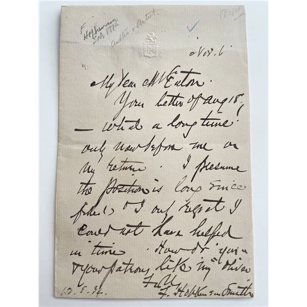 Author Francis Hopkinson Smith signed letter