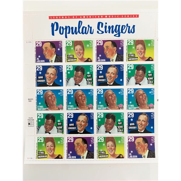 USPS Popular Singers Sheet of Twenty 29 Cent Stamps Scott 2849-2853