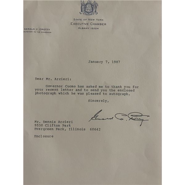 Secretary to NY Governor  Cuomo Gerald C. Crotty signed 1987 letter