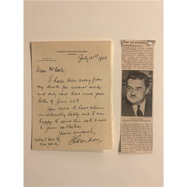 Former President of the Canadian National Railways Donald Gordon signed letter with newspaper clippi
