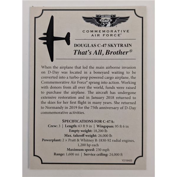 Douglas C-47 Skytrain That's All, Brother Commemorative Air Force Card