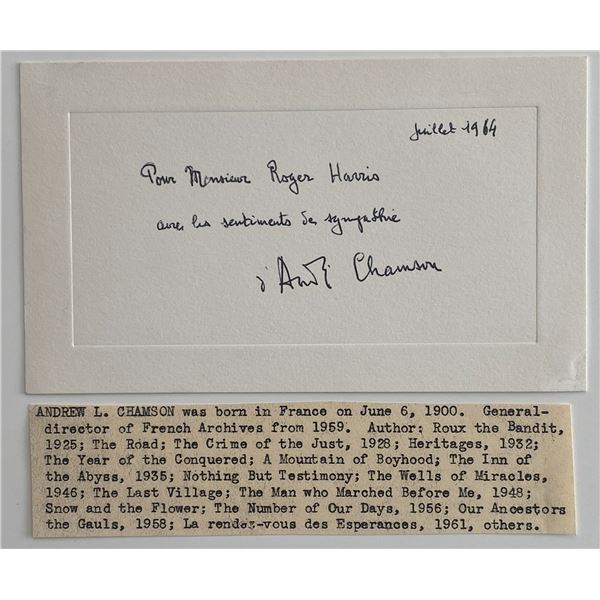 Andrew L. Chamson signed note and bio