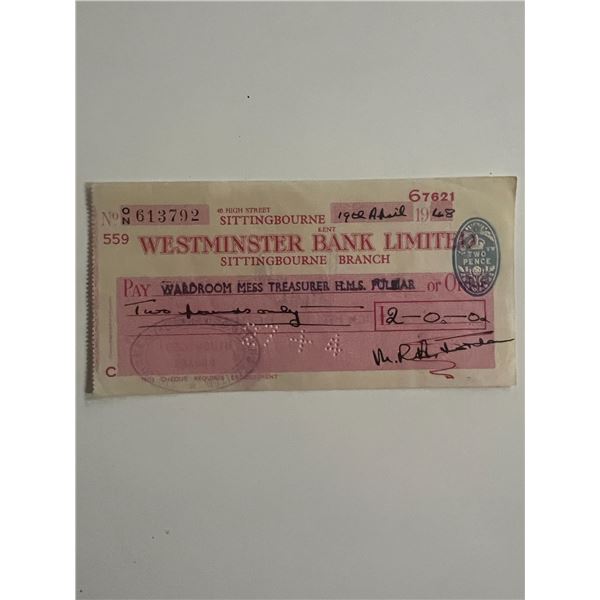1948 Wardroom Mess Treasurer signed check