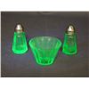 Image 1 : Hazel Atlas Uranium Glass Salt and Pepper Shakers and Nut Bowl