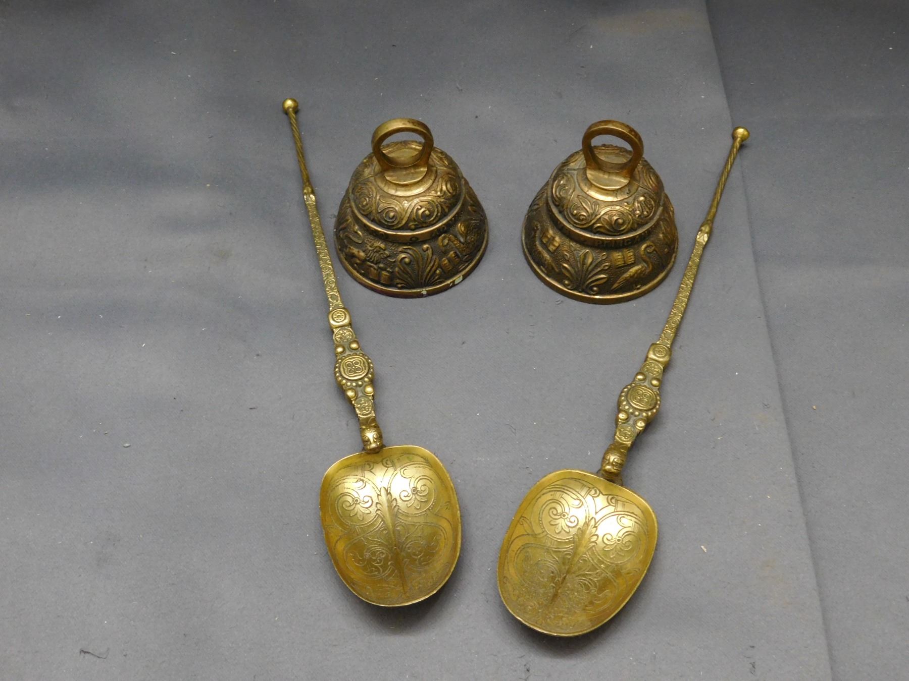 Vintage Antique Pair of Brass Sanctuary Bells and Anointing Spoons