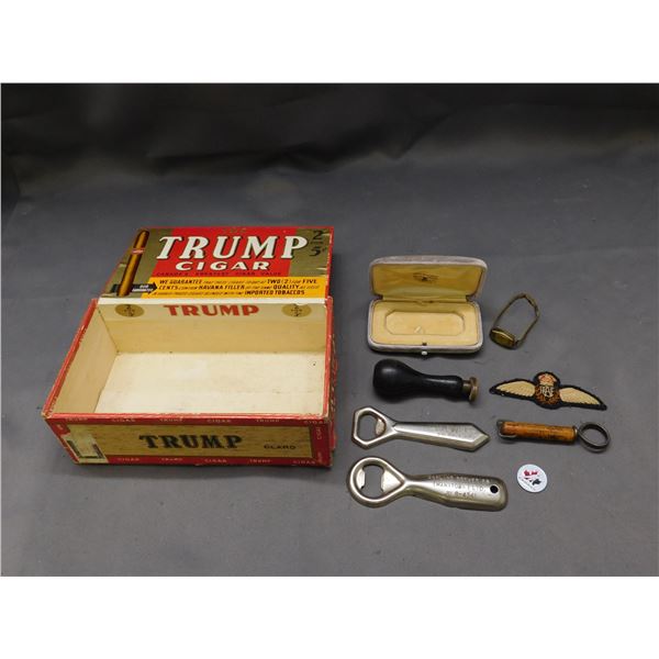 Junk Drawer Trump Cigar Box, Bottle Openers, Stamp, Patch, Watch, Pin