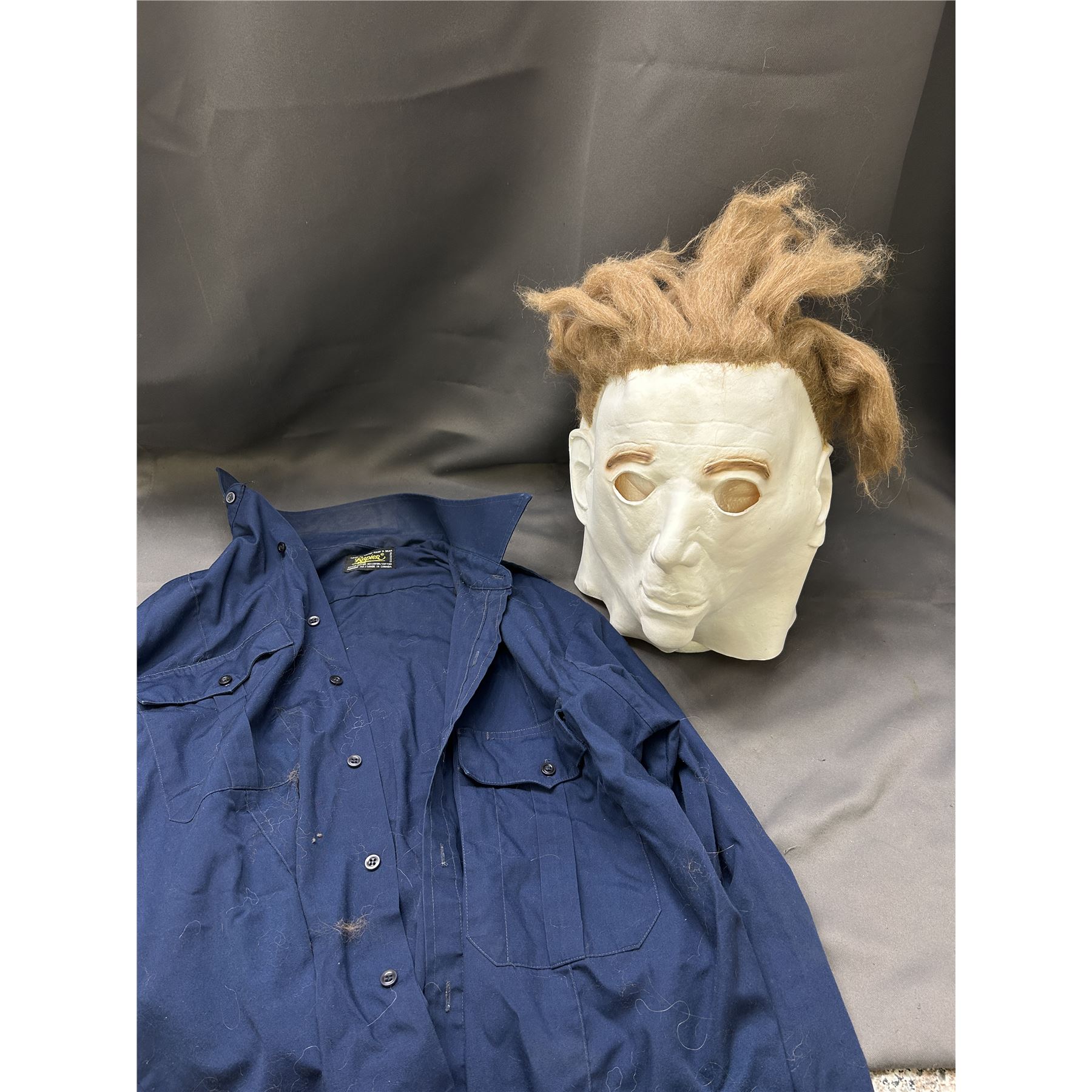 Help Button Mask Vintage Michael Meyers Halloween Rubber Mask and Blue Button-Up