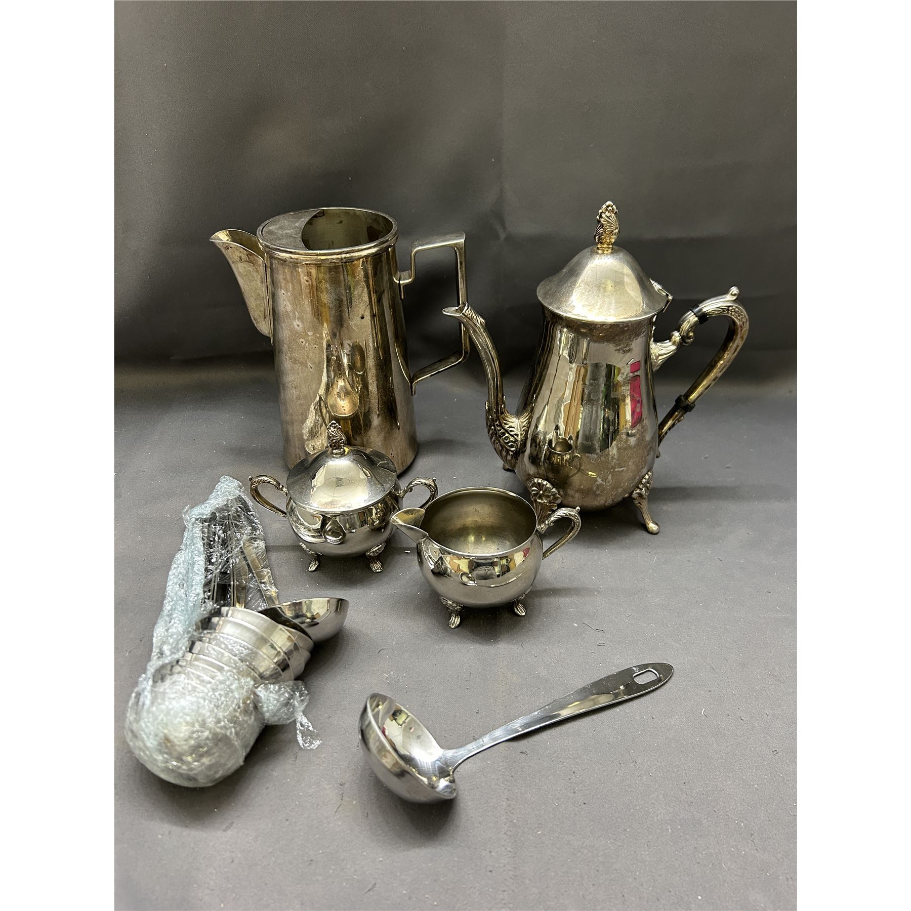Silverware Silverplate Tea Set Cream, Sugar, Pot *Damage*, Pitcher and ...