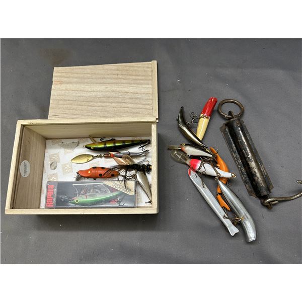 Fishing Lures & Scale in Wooden Box