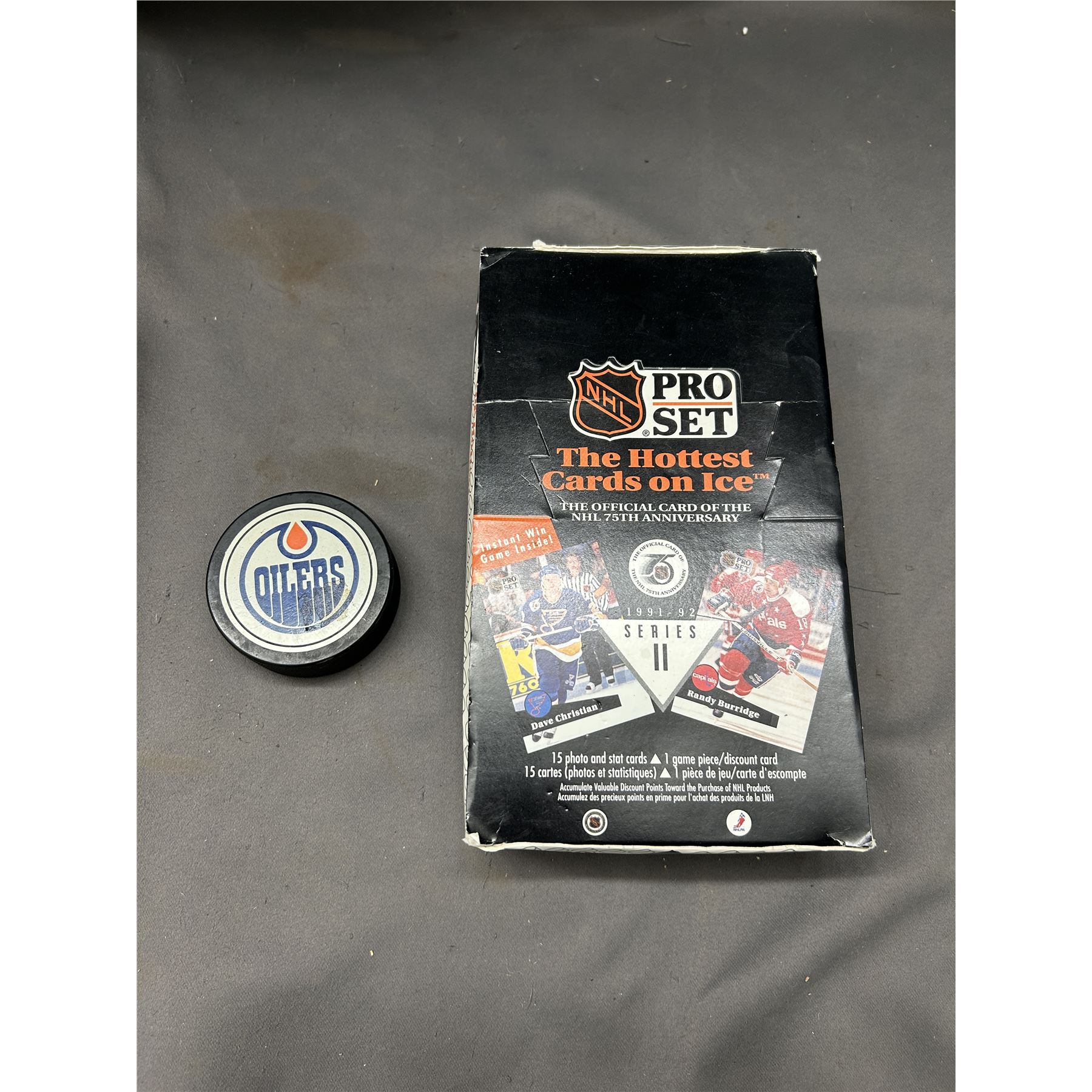 Oilers Hockey Puck and NHL Pro Set 1991-92 Box of Cards