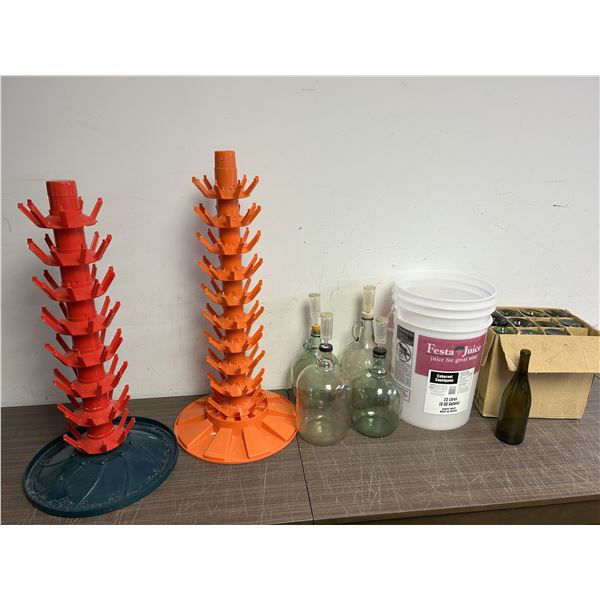 Lot of Wine Making Glass Bottles, Various Size, with Caps and Airlock Fermenters, Bottle Drying Tree