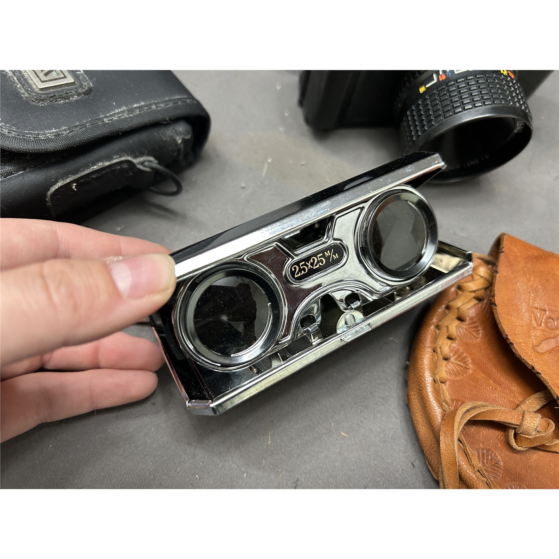 Lot of Film Cameras, Leather Pouch, Magnifying Glass and Pop Up Binoculars