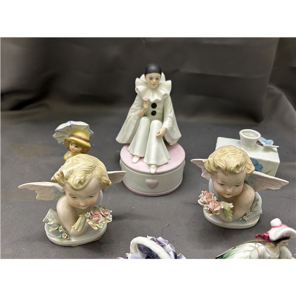 Lot of Assorted Porcelain Trinkets, Cherubs, Jester Mime, Royal Doulton, Bell, Etc
