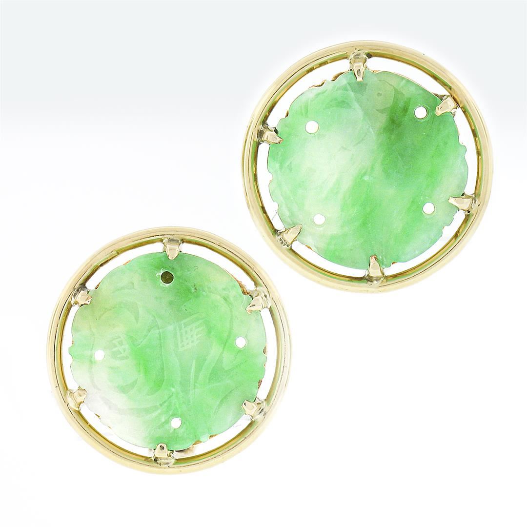 Vintage 14K Gold Carved Jade Large Round Multi Prong Set Button Clip On ...