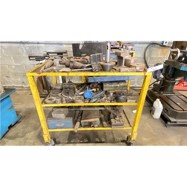 METAL MOBILE SHOP TABLE/CART WITH ASSORTED INDUSTRIAL MACHINERY PARTS