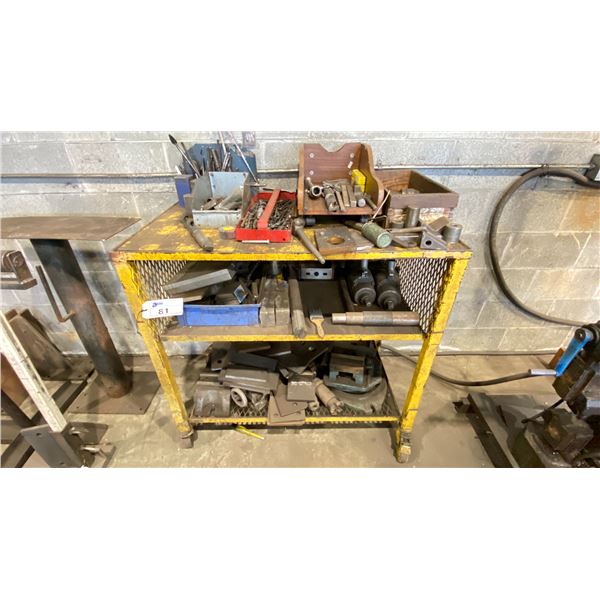 METAL MOBILE SHOP TABLE/CART WITH ASSORTED INDUSTRIAL MACHINERY PARTS & BITS