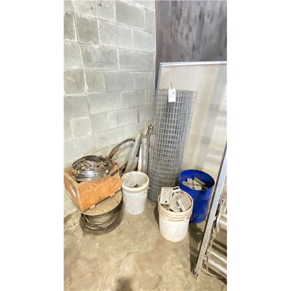 ASSORTED SCRAP METAL & SHOP EQUIPMENT-BRAIDED STEEL CABLE, ROLL OF WIRE FENCING & ASSORTED HARDWARE