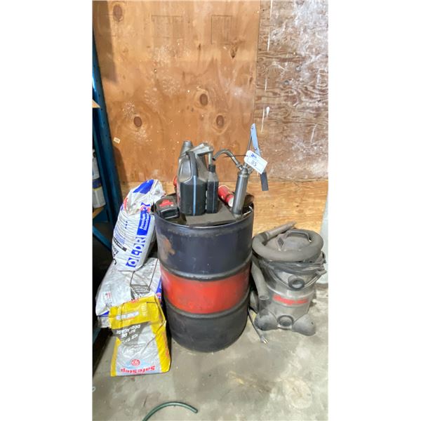 OIL DRUM (PARTIALLY FULL) WITH PUMP, SHOP VAC, OIL ABSORBENT & ROAD SALT