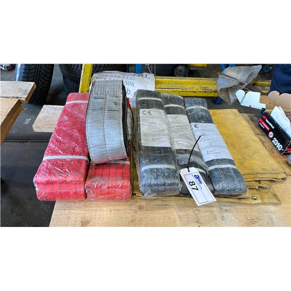 ASSORTED HEAVY DUTY LIFTING SLINGS & FABRIC TARP