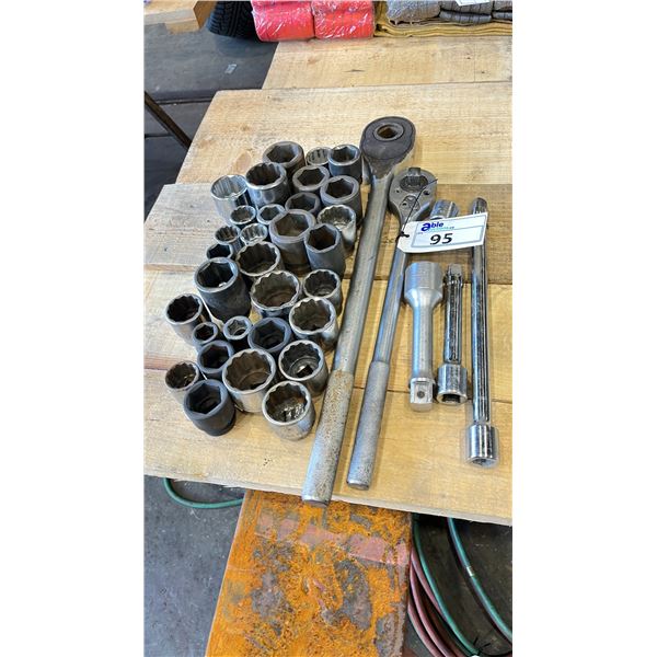 ASSORTED HEAVY DUTY RACHETS, EXTENSIONS & SOCKETS