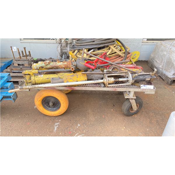 4 WHEEL PARTS CART WITH CONTENTS - HYDRAULIC JACKS, JACKHAMMERS ETC
