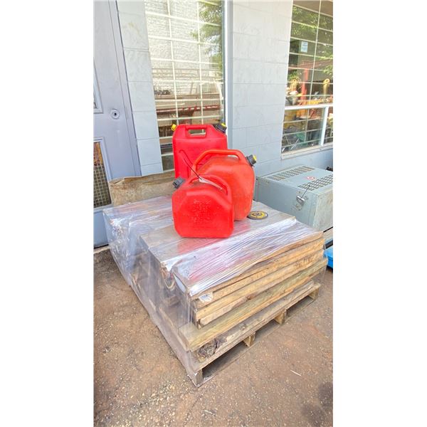 PALLET OF ASSORTED APPROX 3'L WOOD BOARDS & JERRY CANS