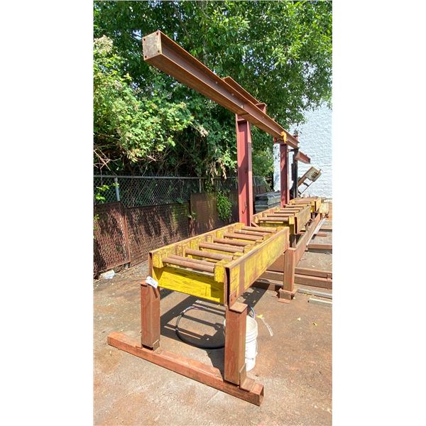 METAL SHOP MATERIAL ROLLER ASSEMBLY LINE SYSTEM WITH OVERHEAD CRANE MOUNT