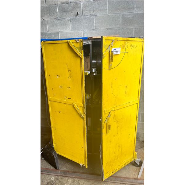 METAL SHOP STORAGE CABINET FULL OF WELDING WIRE, GRINDING DISCS, WELDING RODS & MORE