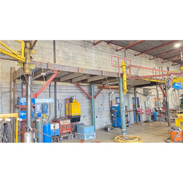 CUSTOM BUILT STEEL CONSTRUCTED WAREHOUSE MEZZANINE WITH 6 ATTACHED CRANE ARMS