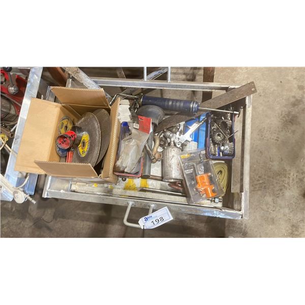 METAL BIN OF ASSORTED TOLLS & HARDWARE
