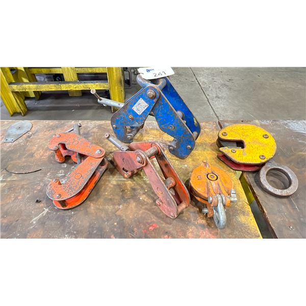 GROUP OF 4 HEAVY STEEL MOVING ATTACHMENTS & PULLEY