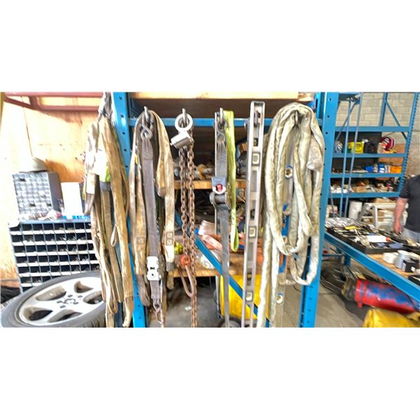 METAL STORAGE RACK FILLED WITH ASSORTED SLINGS, HARNESSES, CABLE & MORE